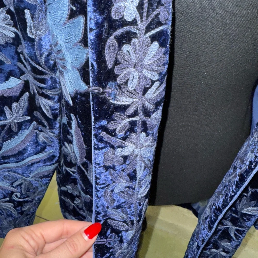 Soft Surroundings Navy Blue Velvet Embroidered Trench Coat - Picture 14 of 16